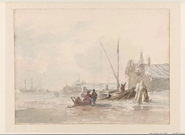 Beach scene with fishermen near a boat in the foreground, 1819-1866. Creator: Johan Hendrick Louis Meijer