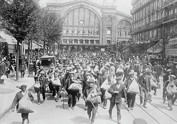 Belgian Reservists leaving Gare de l'Est [i.e. Gare du Nord], 1914. Creator: Bain News Service