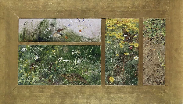 Four Bird Studies, Red-Backed Shrike, Corncrake, Chaffinches, Willow Warbler, c1890s. Creator: Bruno Liljefors