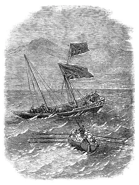 Boat from the 'Madras' Steamer picking up an Arab Budgerow in the Red Sea, with Capt Gough... 1857. Creator: Unknown. Boat from the 'Madras' Steamer picking up an Arab Budgerow in the Red Sea, with Capt Gough... 1857. Creator: Unknown