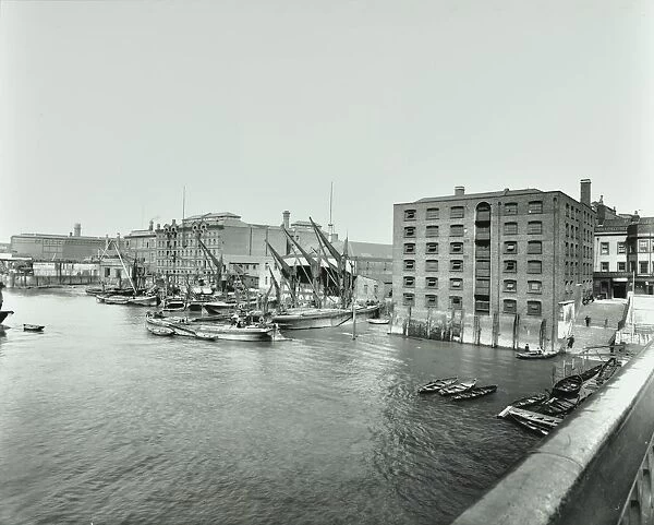 Boats and warehouses on the River Thames, Lambeth, London, 1906