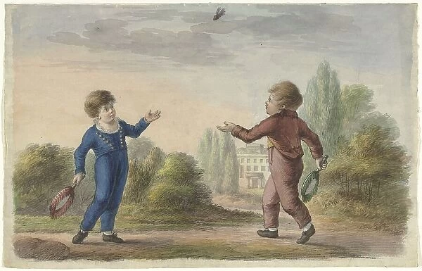 Two boys play badminton, 1700-1800. Creator: Anon
