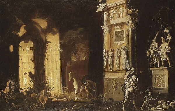 The Burning of Troy with the Flight of Aeneas and Anchises, early-mid 17th century. Creator: Francois de Nome