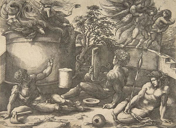 Cain holding a mirror watching his sacrifice engulfed in flames, Adam and Eve seate