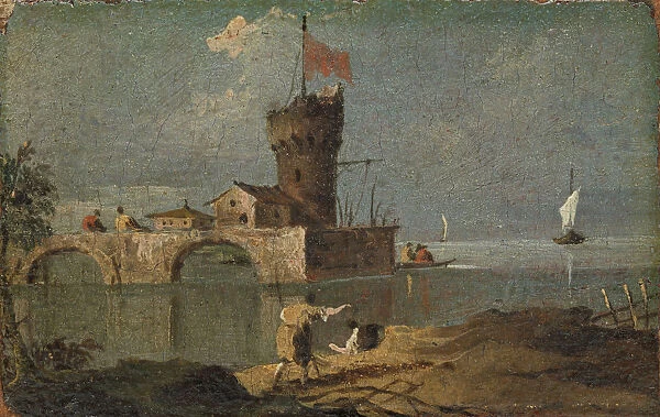Capriccio with a Circular Tower, Two Houses, and a Bridge, 18th century. Creator: Unknown