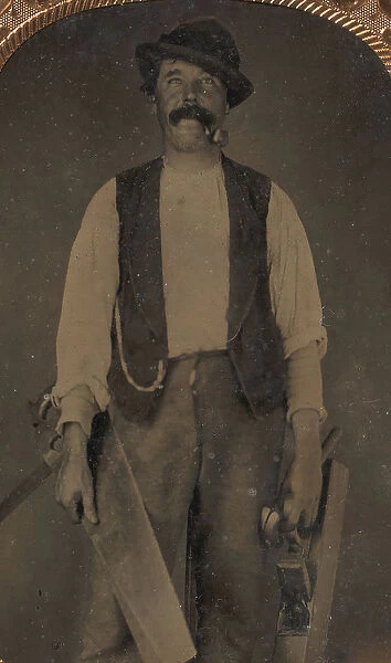 Carpenter with Saw, Hammer, and Jointer, 1860s-70s. Creator: Unknown