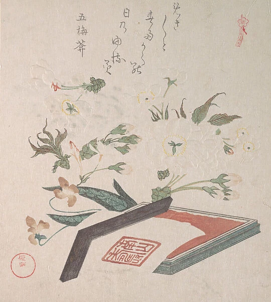 Cherry Blossoms and Seal-box with Ink and Ruler, 19th century. Creator: Kubo Shunman