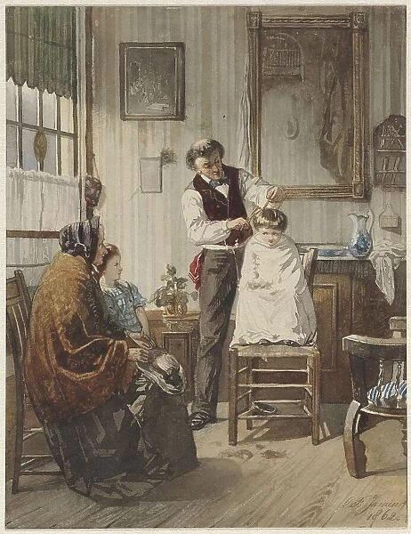 Child at the hairdresser, 1862. Creator: Diederik Franciscus Jamin