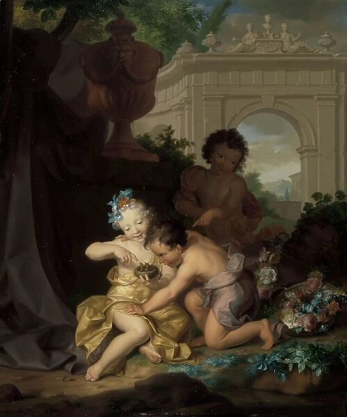 Three children playing with a bird's nest, 1718. Creator: Isaac Walraven