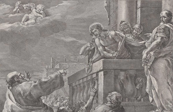 Christ on a balcony surrounded by guards, Pilate stands to the right gesturing towa