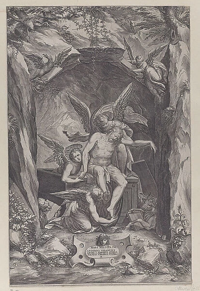 Christ rising from the tomb, assisted by two angels, 1540-83. Creator: Martino Rota