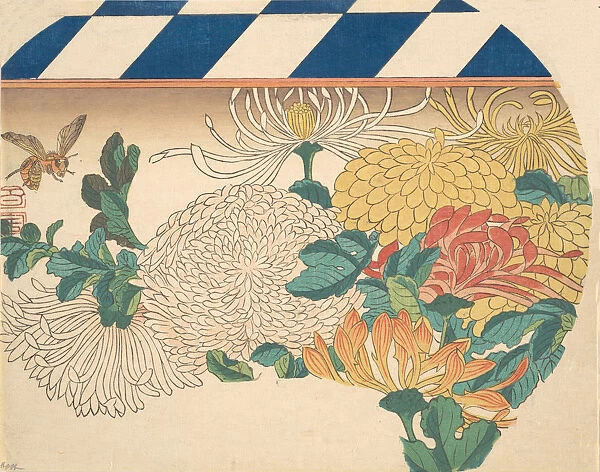 Chrysanthemums in Fan-shaped Design, 1840s. 1840s. Creator: Ando Hiroshige