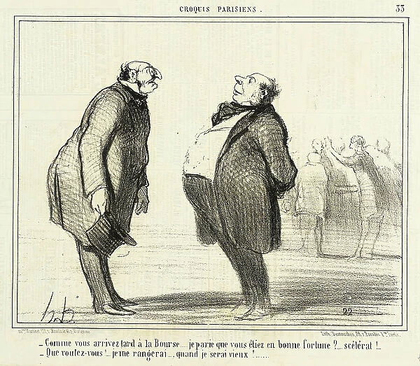 Comme vous arrivez tard à la Bourse... 1857. Creator: Honore Daumier