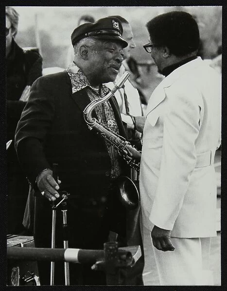 Count Basie chatting with Illinois Jacquet at the Capital Radio Jazz Festival, London, July 1979