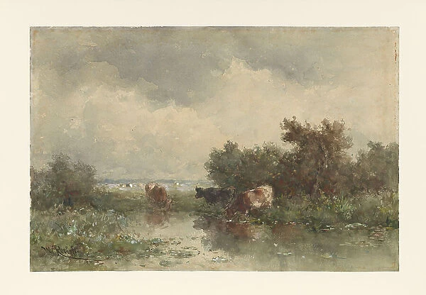 Three cows in a pond, 1832-1897. Creator: Willem Roelofs