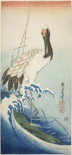 Crane and waves, early 1830s. Creator: Ando Hiroshige
