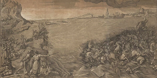 The crossing of the red sea, Moses stands at the left pointing to the army being