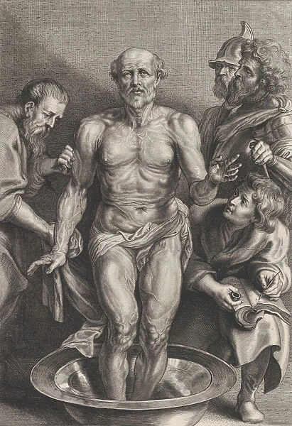 The Death of Seneca, standing at center with his feet in a basin of water, supporte