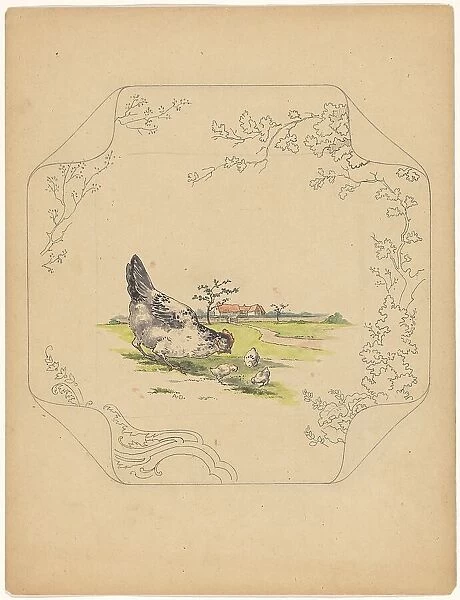 Design for model square board with a hen and three chicks, c.1875-c.1880. Creator: Albert Louis Dammouse