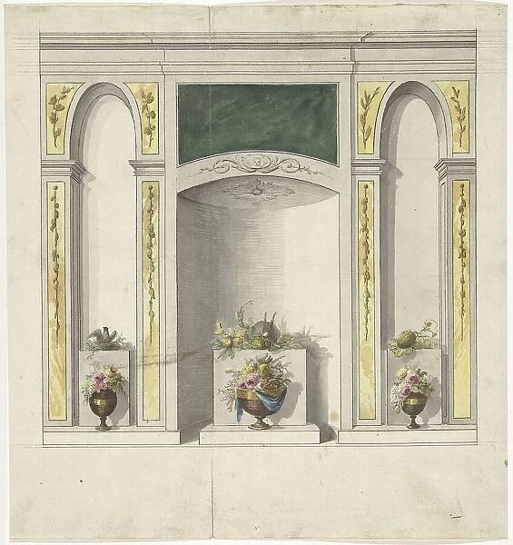 Design for room decorations with three niches and flower vases, 1767-1823. Creator: Abraham Meertens