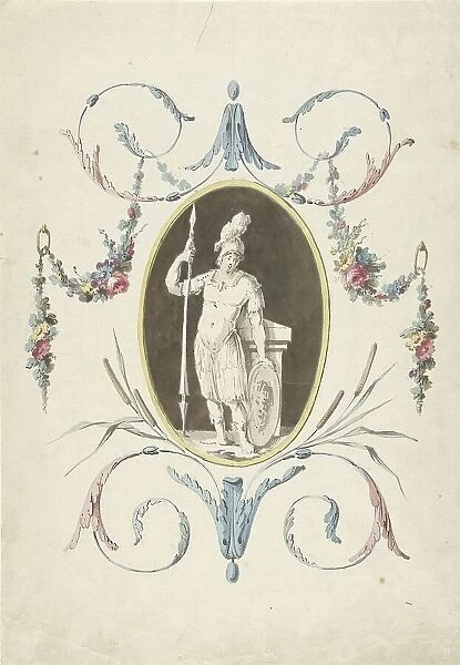 Design for room decorations with a panel with a standing warrior, 1767-1823. Creator: Abraham Meertens