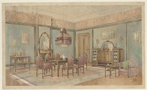 Dining room with cupboard with orange service, c.1925. Creator: Monogrammist HK