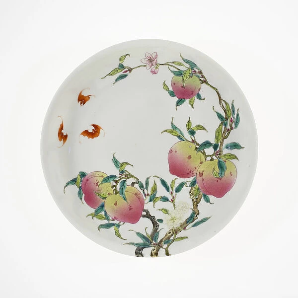 Dish with Fruiting Peaches, Tree Peony, Flowering Plum, and Bats, Qing dynasty
