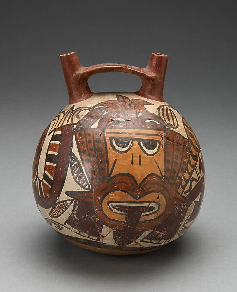 Double Spout Vessel Depicting Figure Costumed as Pampas Cat with Bean Motifs, 180 B. C.  /  A