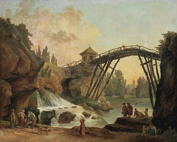 Draughtsman Drawing the Wooden Bridge in the Park of Méréville, late 18th-early 19th century. Creator: Hubert Robert