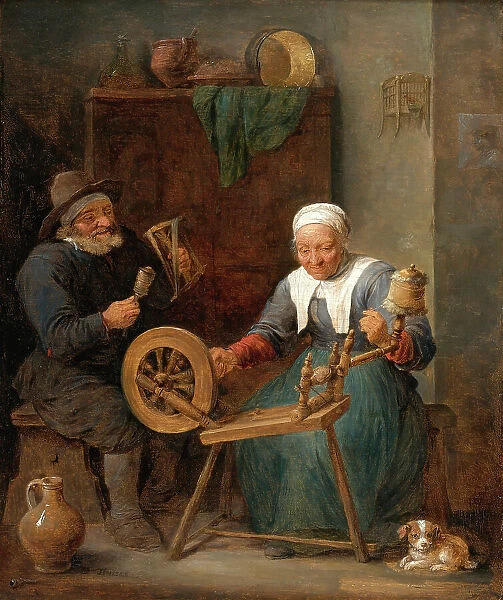 An Elderly Couple Spinning Wool in an Interior , 17th century. Creator: Teniers, David, the Younger (1610-1690)