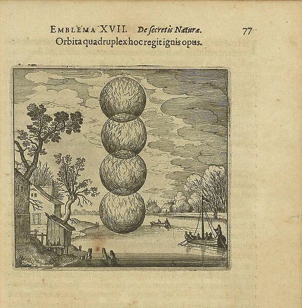 Emblem 17. A fourfold ball of fire governs this work. From 'Atalanta fugiens' by Michael Maier, 1618 Creator: Merian, Matthäus, the Elder (1593-1650). Emblem 17. A fourfold ball of fire governs this work