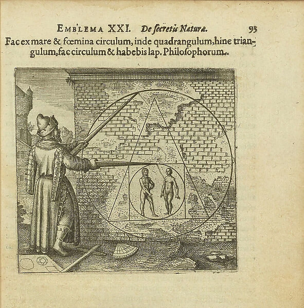 Emblem 21. Make a circle of man and woman, out of it a square, out of that into a triangle..., 1618. Creator: Merian, Matthäus, the Elder (1593-1650)