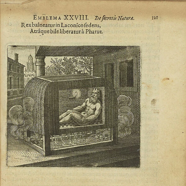 Emblem 28. The king bathes in the airy bath and is rid of the black bile by Pharut, 1618. Creator: Merian, Matthäus, the Elder (1593-1650)
