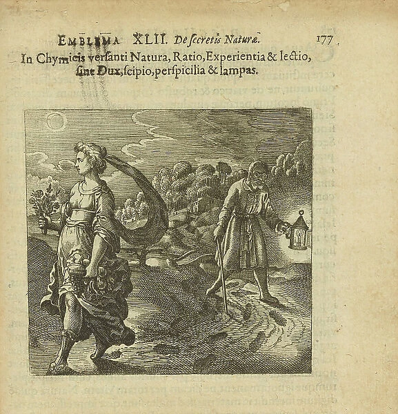 Emblem 42. To him who is in Chymicis be nature, reason, experience and reading..., 1816. Creator: Merian, Matthäus, the Elder (1593-1650)