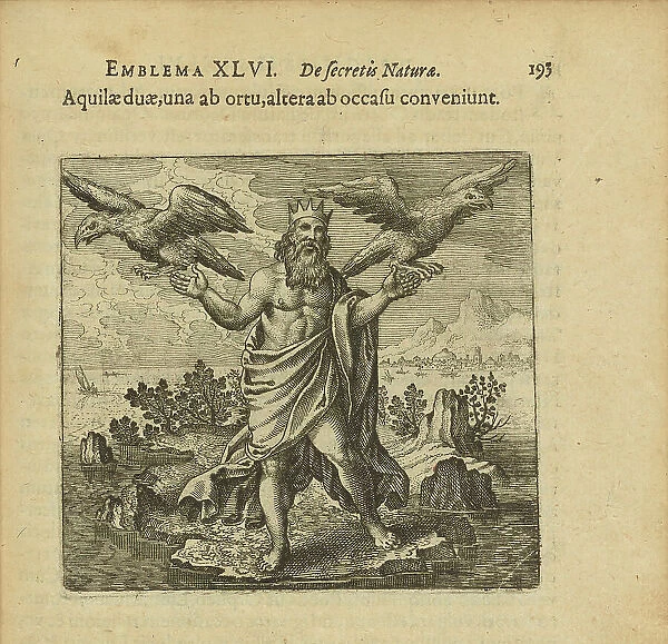 Emblem 46. Two eagles, one from the east, the other from the west, come together, 1816. Creator: Merian, Matthäus, the Elder (1593-1650)