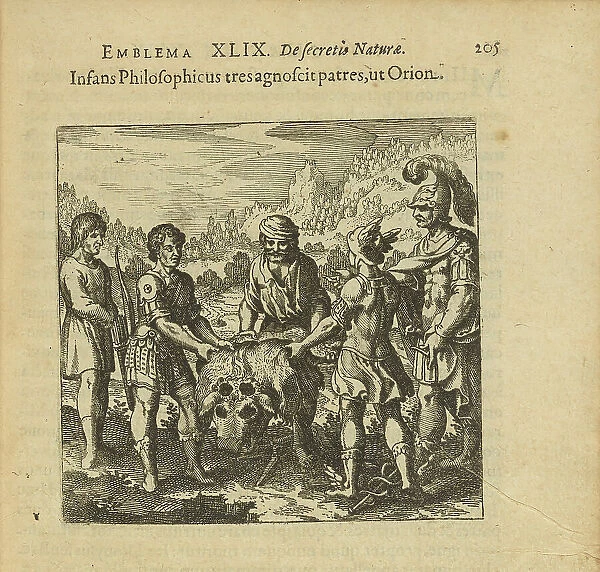 Emblem 49. The philosophical child recognizes three fathers, like Orion, 1816. Creator: Merian, Matthäus, the Elder (1593-1650)