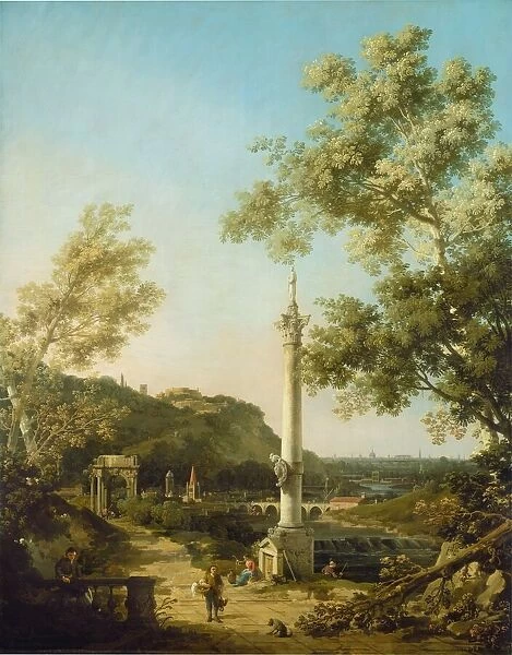 English Landscape Capriccio with a Column, c. 1754. Creator: Canaletto