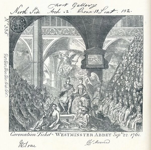 Engraved ticket for the Coronation ceremony of George III in Westminster Abbey 1761 (1906). Artist: George Bickham
