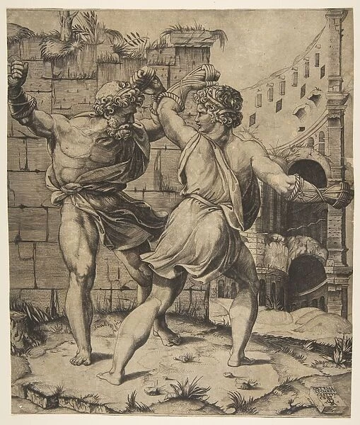 Entellus and Dares fighting in front of classical ruins, 1520-25. Creator: Marco Dente