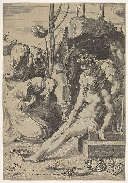 Entombment of Christ, whose chest is grasped by Joseph of Arimathea