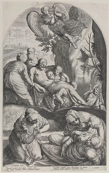 The Entombment, with Christs body carried on a sheet at center, the three Maries in the f... 1594. Creator: Jacob Matham