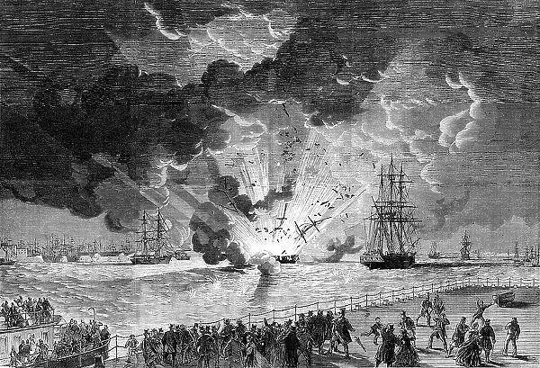 Explosion on board the barque Lottie Sleigh, laden with gunpowder, in the Mersey... 1864. Creator: Unknown