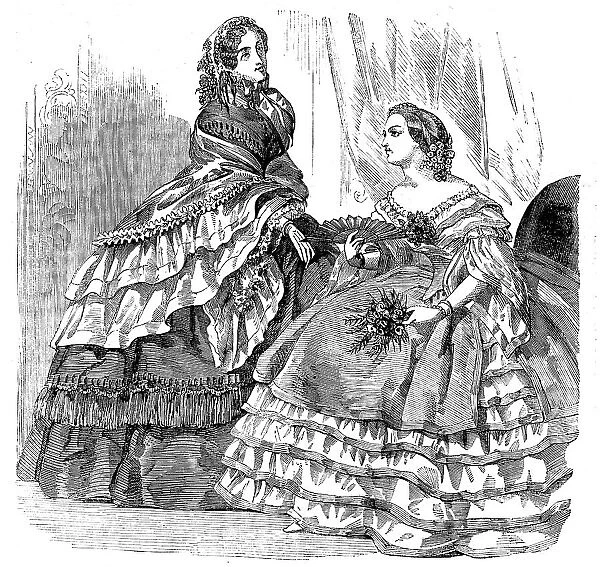 Fashions for August - Promenade or Carriage Costume, and Ball Dress, 1858. Creator: Unknown