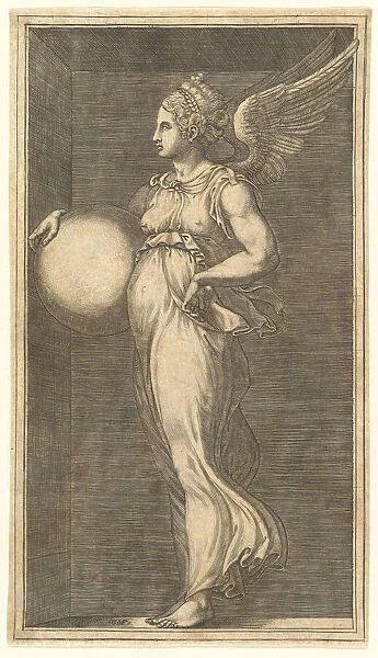 Female Winged Allegorical Figure Holding a Sphere, 1558  /  1559. Creator: Giorgio Ghisi