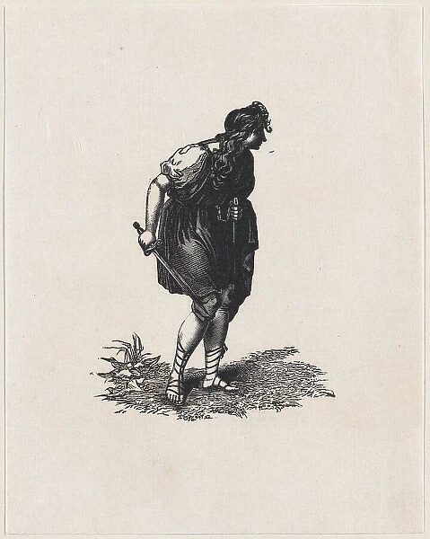 Figure holding a sword with their back hunched (after one of Boydell's Shakespear... ca. 1800-1899. Creator: Anon)