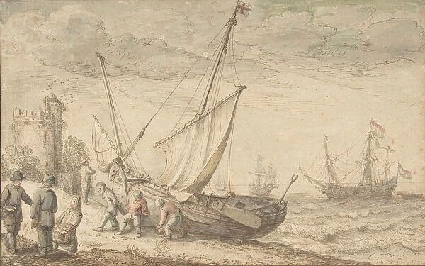 Fisherfolk Hauling their Boat onto the Shore, n. d Creator: Adam Willaerts