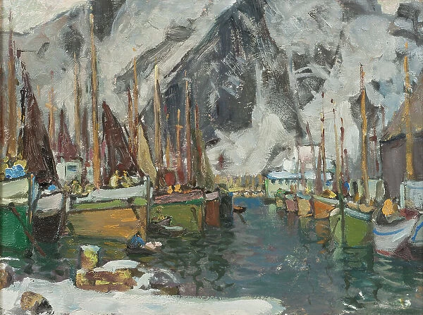 Among the Fishing Boats in Svolvaer. Study from Lofoten, 1934. Creator: Anna Katarina Boberg