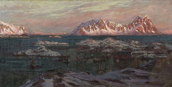 Fishing Harbour with Sunlit Mountains. Study from North Norway, c1900s. Creator: Anna Katarina Boberg