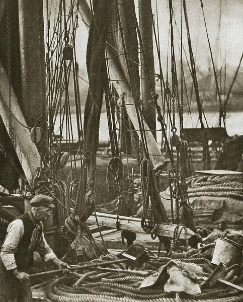 At the foot of the mast on a Thames Barge, London, 20th century