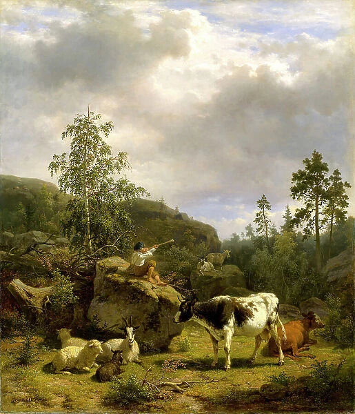 Forest Landscape with a Shepherd Boy and Cattle, 1856. Creator: Nils Andersson